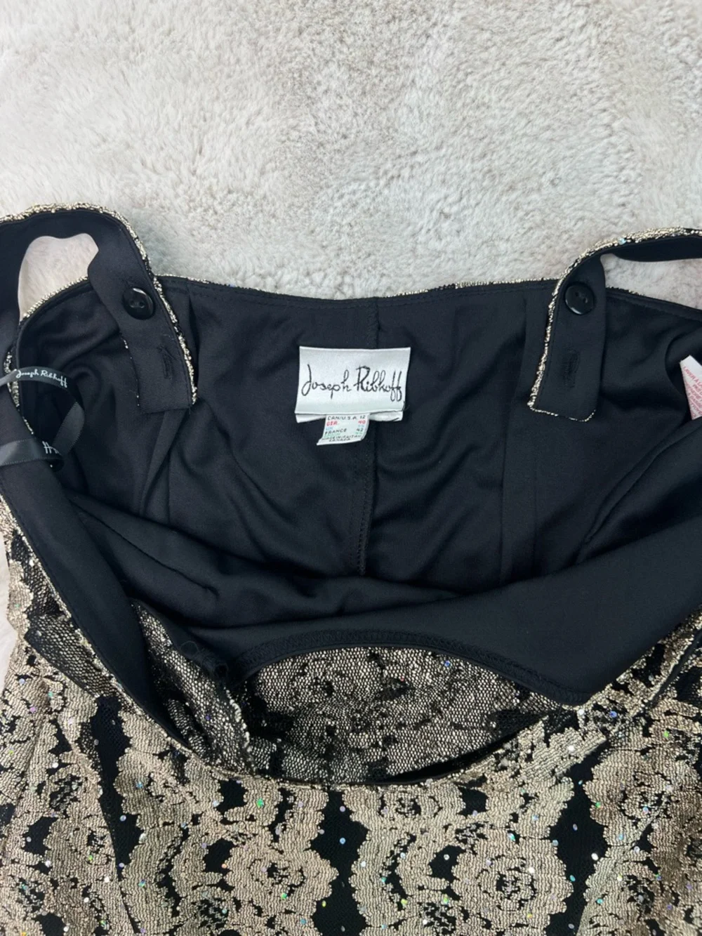 Joseph Ribkoff Black Gold Sparkle Lace Halter Bodycon Dress Size 12 Mini Vintage - Picture 9 of 16